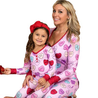 Matching Valentine's Day love print pajamas for parent and child by MANDOTOS, featuring cozy, festive sleepwear sets.