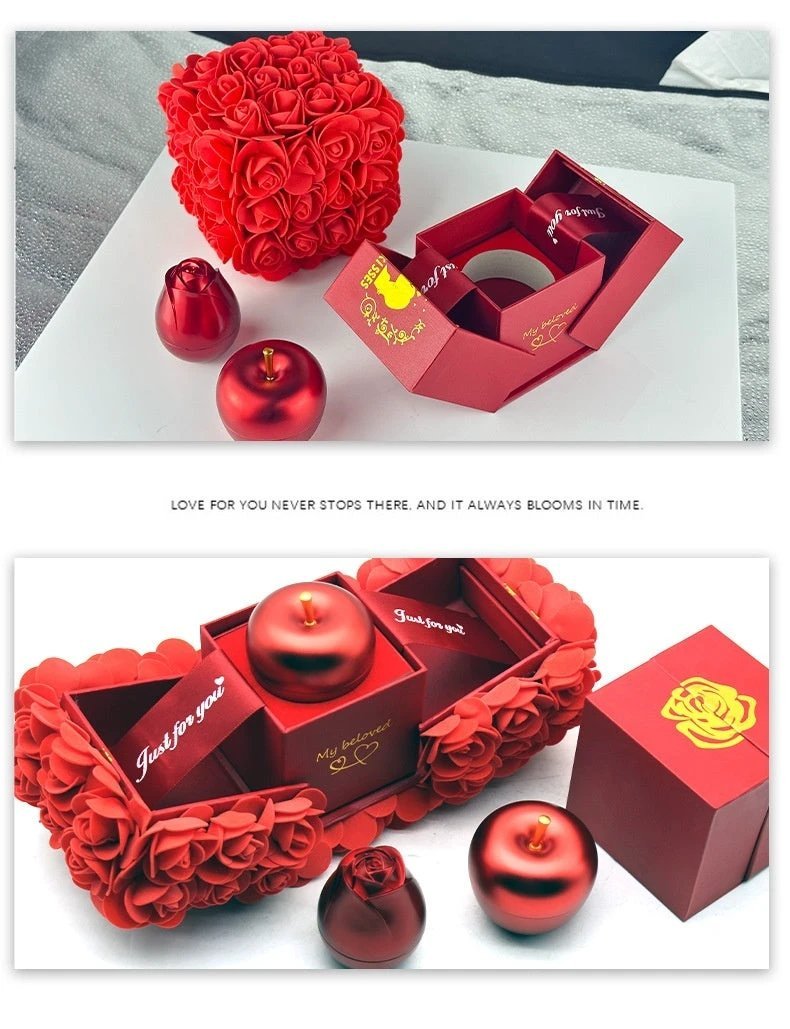 Valentine's Day soap rose gift box with crystal pendant necklace set by MANDOTOS, featuring decorative soap roses and elegant jewelry.