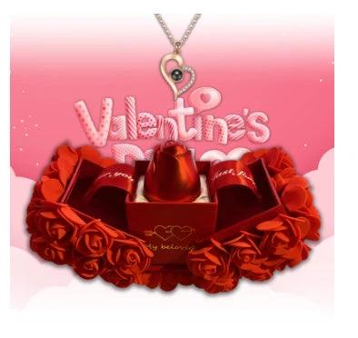 Valentine's Day soap rose gift box with crystal pendant necklace set by MANDOTOS, featuring decorative soap roses and elegant jewelry.