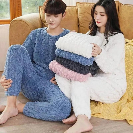 Mandotos winter pajamas set in thickened coral velvet, warm homewear with cozy, soft fabric for cold weather comfort.