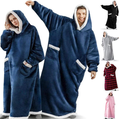 Mandotos winter TV hoodie blanket, oversized warm pullover with pockets for women and men, cozy home winter clothing.