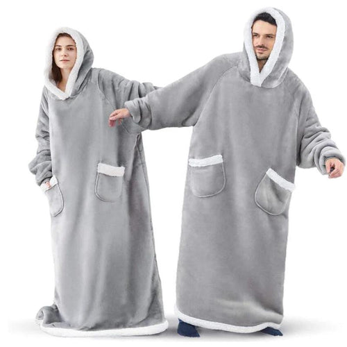 Mandotos winter TV hoodie blanket, oversized warm pullover with pockets for women and men, cozy home wear for cold weather.