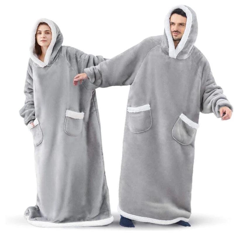 Mandotos winter TV hoodie blanket, oversized warm pullover with pockets for women and men, cozy home wear for cold weather.