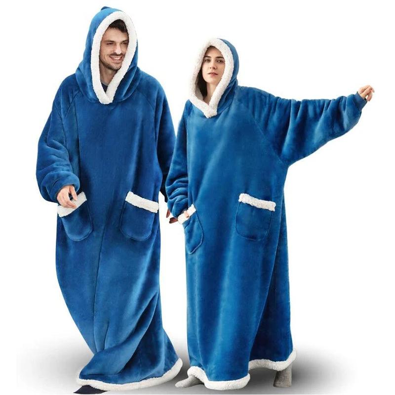 Mandotos winter TV hoodie blanket with oversized fit, cozy pockets, and warm fleece for men and women.
