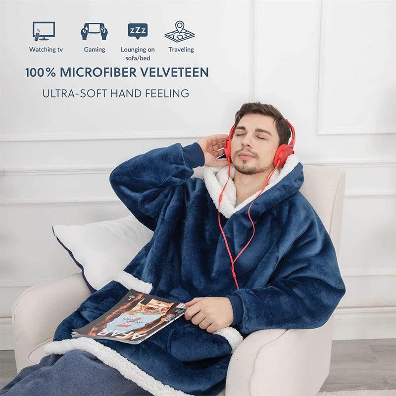 Mandotos winter TV hoodie blanket, oversized warm pullover with pockets for women and men, cozy home winter clothing.