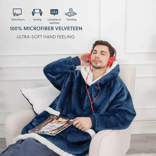 Mandotos winter TV hoodie blanket, oversized warm pullover with pockets for women and men, cozy home winter clothing.