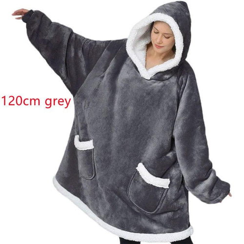 Mandotos winter TV hoodie blanket, oversized warm pullover with pockets for women and men, cozy home clothing for cold weather.