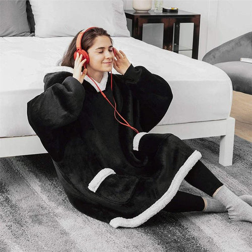 Mandotos winter TV hoodie blanket for women and men, oversized pullover with pockets, warm cozy home clothes for chilly days.