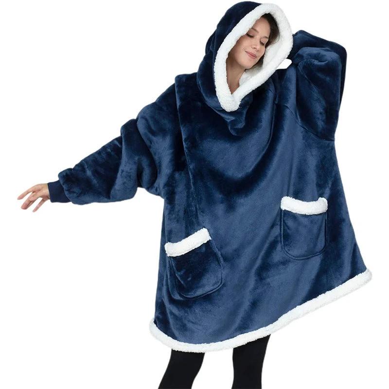 Mandotos winter TV hoodie blanket in cozy, oversized design with pockets for women and men, ideal for warm home wear.