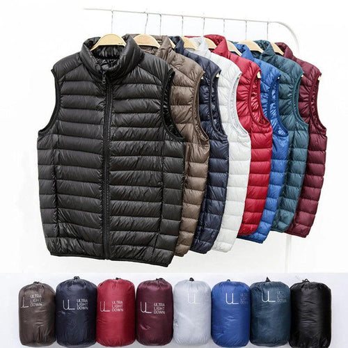 Mandotos winter white duck down ultralight sleeveless vest showcasing sleek design and cozy warmth for cold weather.