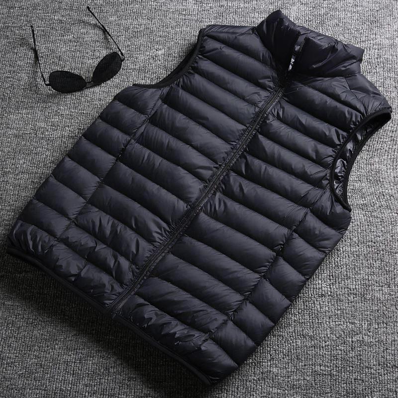 Mandotos winter white duck down ultralight sleeveless vest showing the sleek, padded design perfect for stylish warmth.
