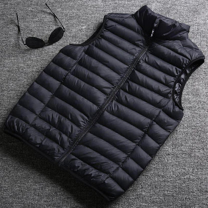Mandotos winter white duck down ultralight sleeveless vest showing the sleek, padded design perfect for stylish warmth.