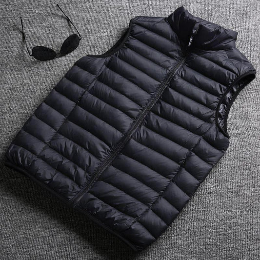 Mandotos winter white duck down ultralight sleeveless vest showing the sleek, padded design perfect for stylish warmth.