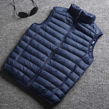 Mandotos winter white duck down ultralight sleeveless vest, stylish and warm outdoor apparel for cold weather.