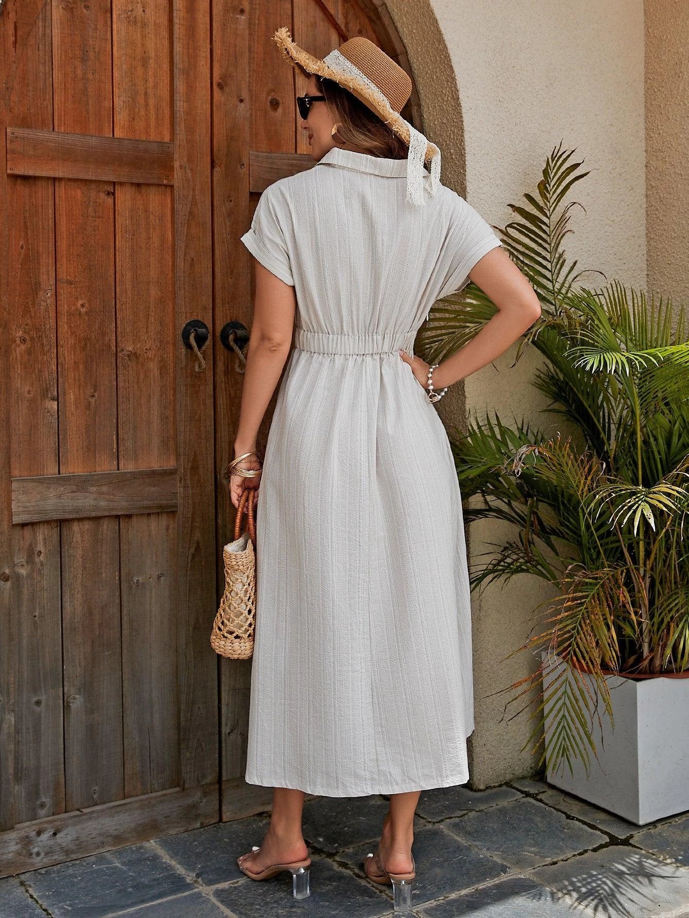 Mandotos women's cotton shirt dress featuring an breathable X-line midi design with a knotted waist for a flattering fit.
