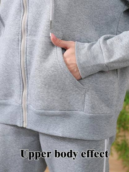 Women's long-sleeved hoodie set by MANDOTOS, featuring a casual fit and comfortable fabric, displayed on a model.