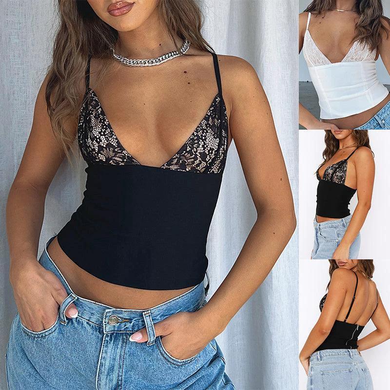 Women's V-neck lace camisole vest with back zipper, sleeveless summer top by MANDOTOS, slim fit and stylish design.
