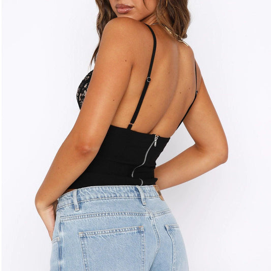 Women's V-neck lace camisole vest with back zipper, sleeveless summer top, slim fit, by MANDOTOS
