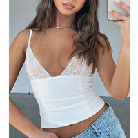 Women's V-neck lace camisole top with back zipper, sleeveless summer vest by MANDOTOS, slim fit and stylish for warm weather.