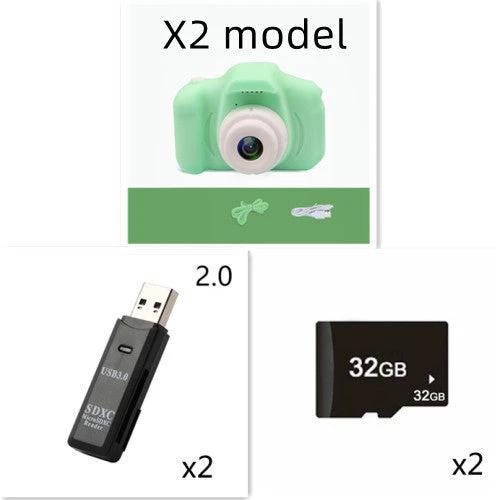 Mandotos X2 HD Mini Cartoon Kids Digital Camera showing colorful cartoon design and compact size for children.