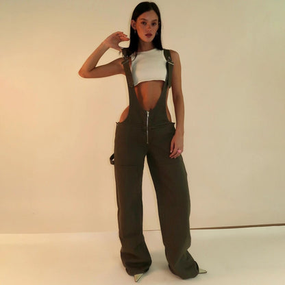 Mandotos Y2K denim overalls with zipper suspenders, streetwear style, casual jumpsuit featuring classic blue denim.