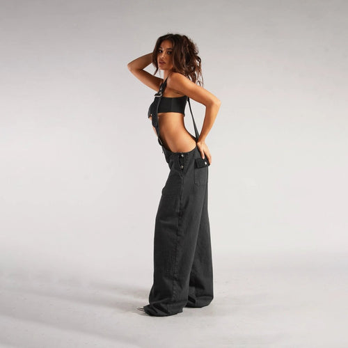 Mandotos Y2K denim overalls with zipper suspender design, streetwear style, classic blue denim, casual and trendy look.