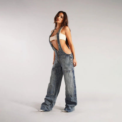 Mandotos Y2K denim overalls with zipper suspender design, streetwear style, casual jumpsuit, front pockets and adjustable straps.