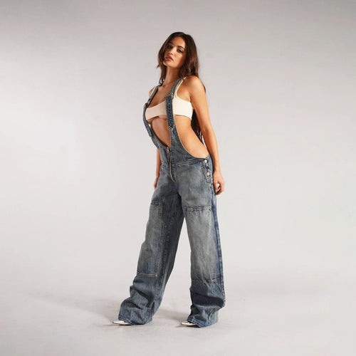 Mandotos Y2K denim overalls with zipper suspender design, streetwear style, casual jumpsuit, front pockets and adjustable straps.
