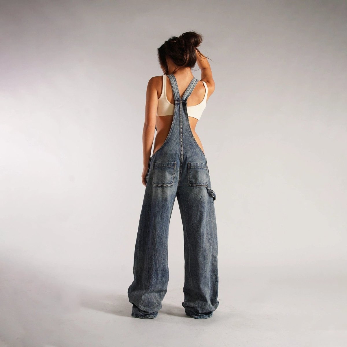 Mandotos Y2K denim overalls with zipper suspenders, streetwear style, featuring a classic denim jumpsuit design.
