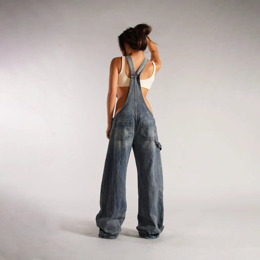 Mandotos Y2K denim overalls with zipper suspenders, streetwear style, featuring a classic denim jumpsuit design.