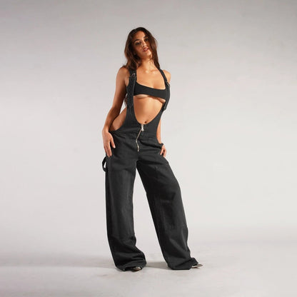 Mandotos Y2K denim overalls with zipper suspenders, streetwear jumpsuit, casual and trendy fashion look.