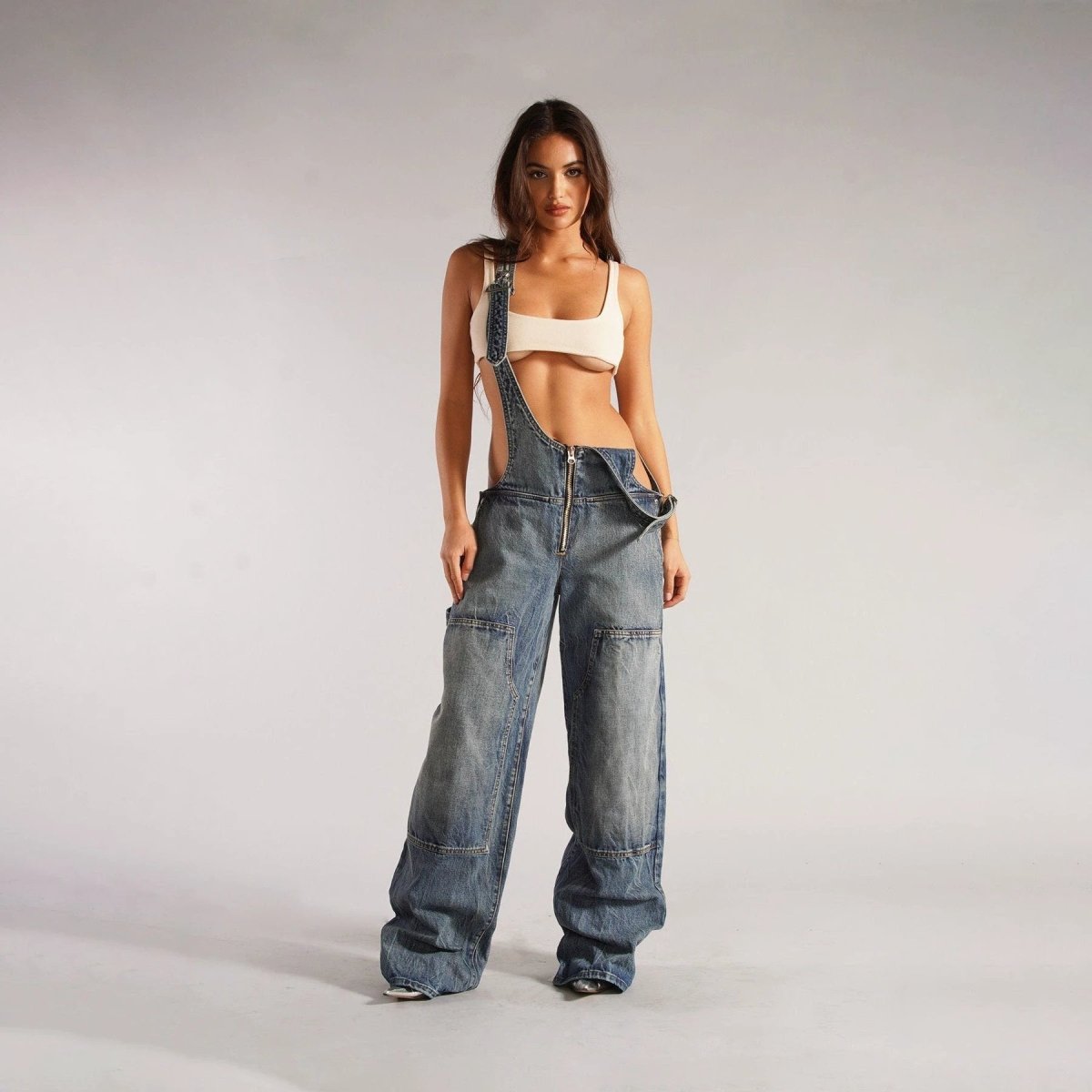 Mandotos Y2K denim overalls with zipper suspender design, streetwear style, featuring classic blue denim and adjustable straps.