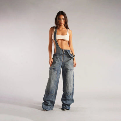 Mandotos Y2K denim overalls with zipper suspender design, streetwear style, featuring classic blue denim and adjustable straps.
