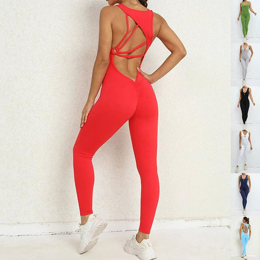 Mandotos women's yoga jumpsuit with V-shaped back, sleeveless design, stretchy fabric, ideal for fitness, running, and sportswear.