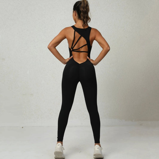 Mandotos women's sleeveless yoga jumpsuit with V-shaped back, stretch fitness tights, ideal for running and active sportswear.