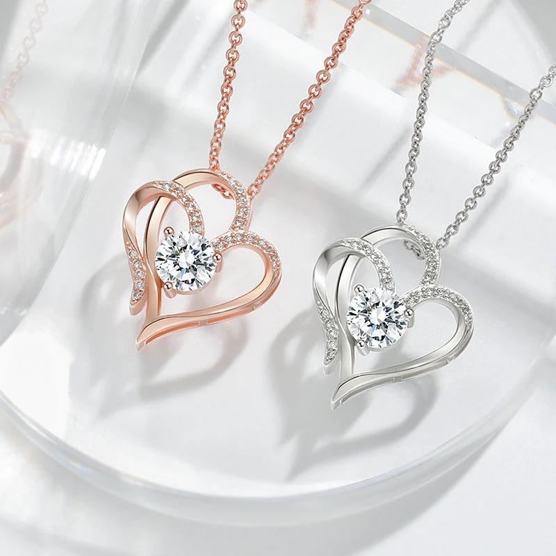 Mandotos zircon double love necklace with rhinestones, featuring a sparkling heart-shaped pendant for elegant jewelry style.