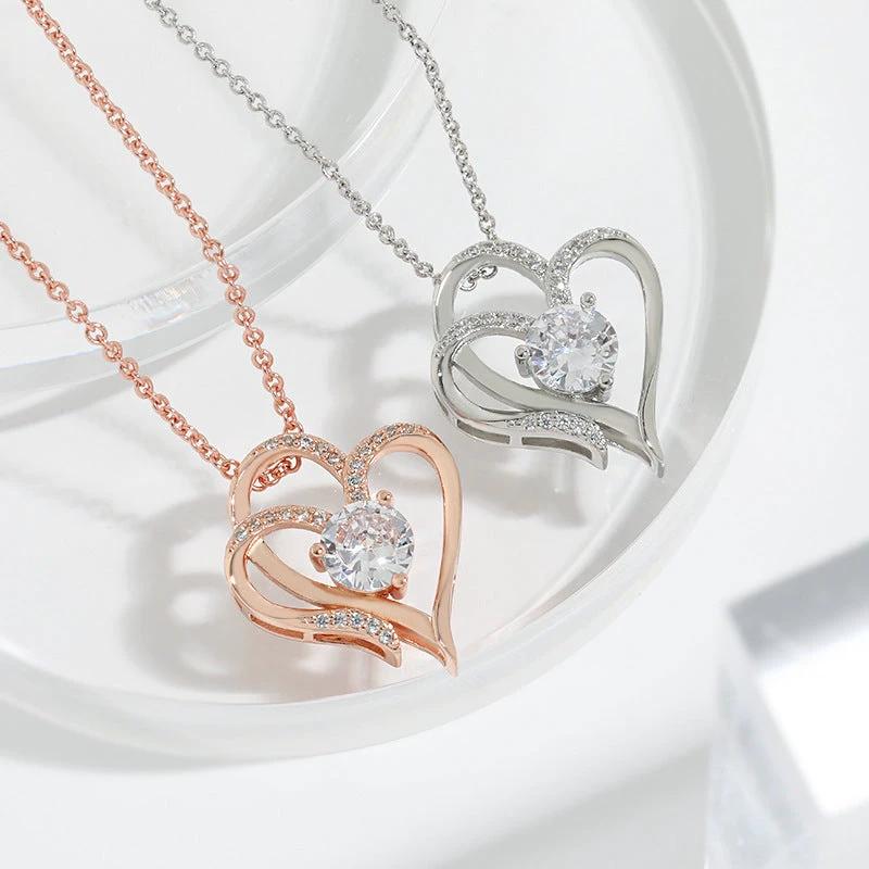Mandotos zircon double love necklace with rhinestones, featuring sparkling heart-shaped pendants for elegant jewelry style.