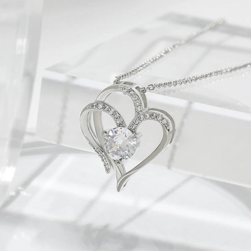 Mandotos zircon double love necklace with sparkling rhinestones and heart-shaped design, elegant jewelry for special occasions.