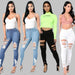 Mandotos denim pencil pants for women featuring slim fit, ripped holes, stretch fabric, and long tapered legs.
