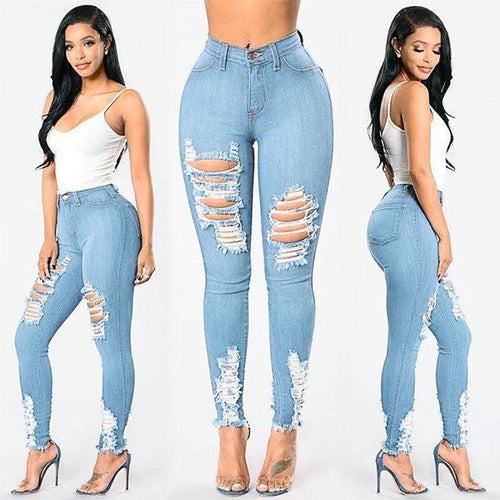 Mandotos denim pencil pants for women featuring slim fit, long length, ripped holes, and stretch fabric for a trendy, casual look.