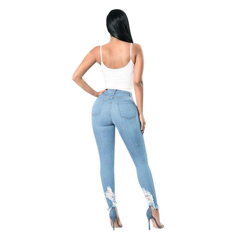 Mandotos denim pencil pants for women, slim long trousers with ripped holes and stretch-fit design.