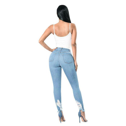 Mandotos denim pencil pants for women, slim long trousers with ripped holes and stretch-fit design.