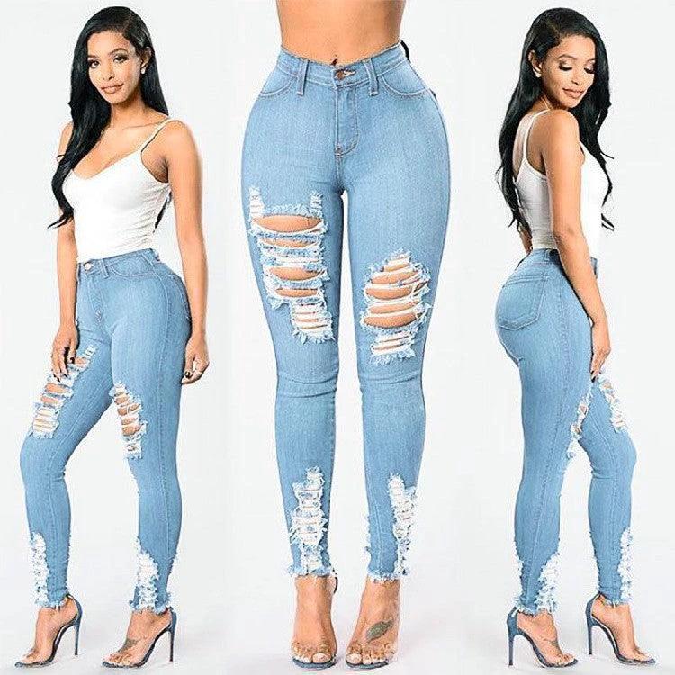 Mandotos women's denim pencil pants with slim fit, ripped holes, stretch fabric, long trousers, and tapered legs.