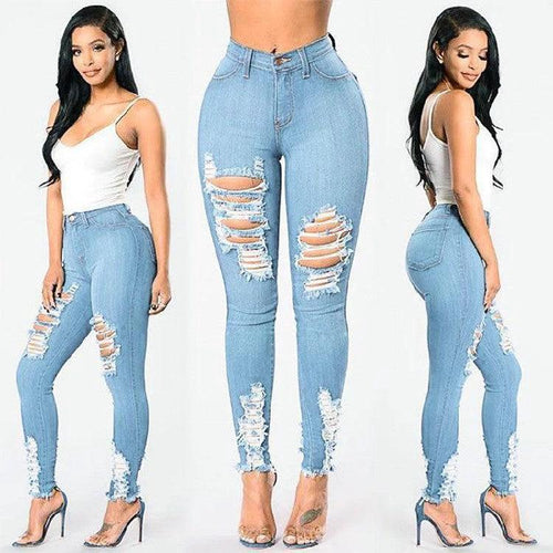 Mandotos women's denim pencil pants with slim fit, ripped holes, stretch fabric, long trousers, and tapered legs.