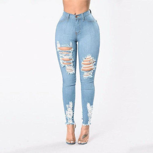 Mandotos women's denim pencil pants with ripped holes, slim fit, long style, stretch fabric, and tapered feet.