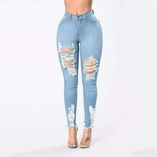 Mandotos women's denim pencil pants with ripped holes, slim fit, long style, stretch fabric, and tapered feet.