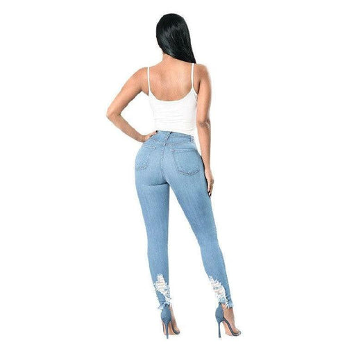Mandotos denim pencil pants for women featuring slim fit, ripped holes, stretch fabric, and long tapered design.