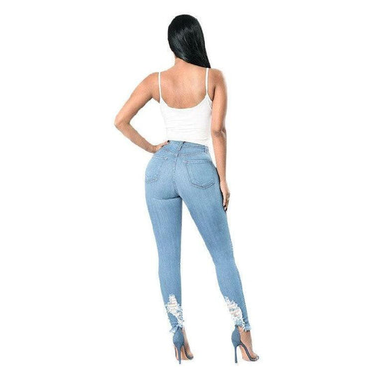 Mandotos denim pencil pants for women featuring slim fit, ripped holes, stretch fabric, and long tapered design.