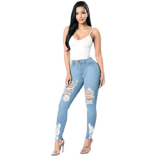 Mandotos denim pencil pants for women featuring slim fit, long length, ripped holes, and stretch fabric for a stylish look.