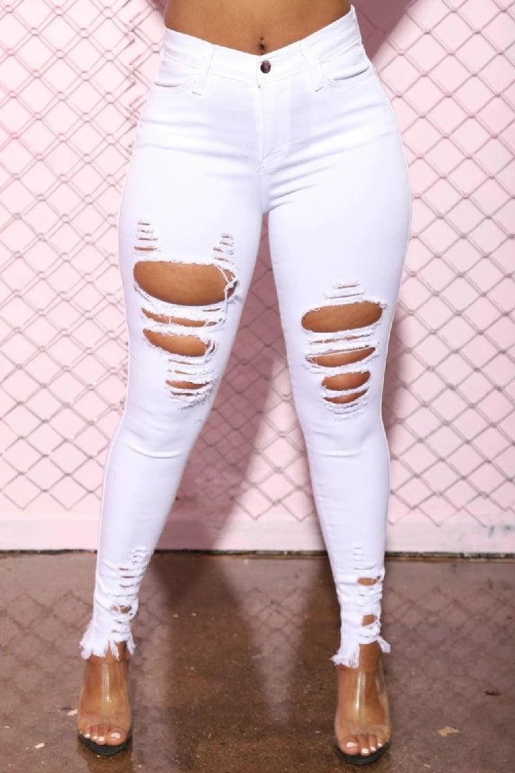 Mandotos denim pencil pants for women, slim long trousers with ripped holes and stretch feet, stylish and fitted denim jeans.